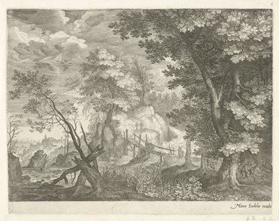 Boslandschap met houten brug door Egidius  Sadeler (II)