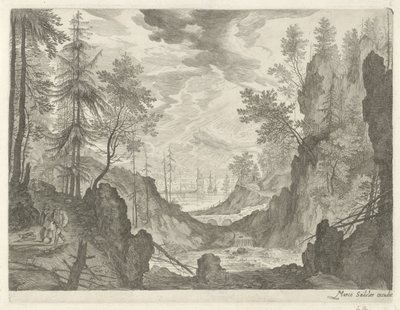 Boslandschap met waterval (Berglandschappen uit Tirol) door Egidius  Sadeler (II)