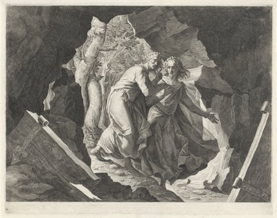 Dante en Vergilius betreden de hel door een poort door Egidius  Sadeler (II)
