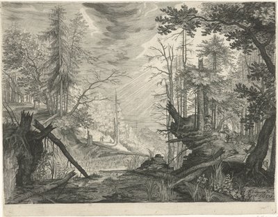 Drie jagers bij een rivier in een bos door Egidius  Sadeler (II)