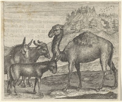 Fabel van de ezel, de buffel, de kameel en het muildier door Egidius  Sadeler (II)