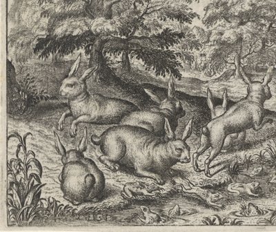 Fabel van de hazen en de kikkers door Egidius  Sadeler (II)