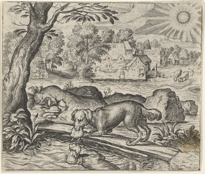 Fabel van de hond en zijn spiegelbeeld door Egidius  Sadeler (II)