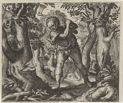 Fabel van de houthakker en het bos door Egidius  Sadeler (II)