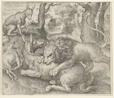 Fabel van de leeuw en de vos door Egidius  Sadeler (II)