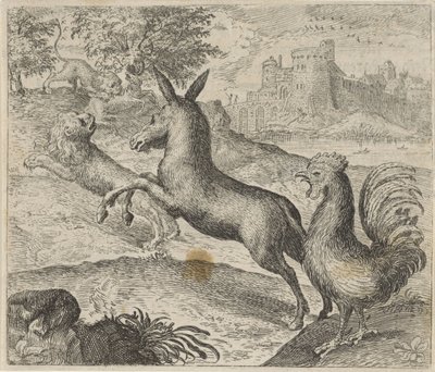 Fabel van de leeuw, ezel en haan door Egidius  Sadeler (II)