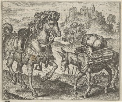Fabel van de ontevreden ezel en het strijdros door Egidius  Sadeler (II)