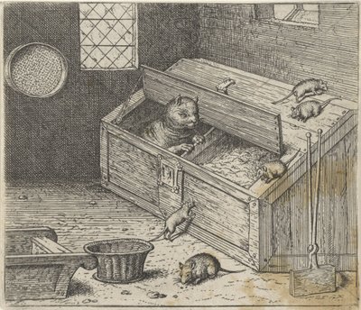 Fabel van de oude kat en de muizen door Egidius  Sadeler (II)