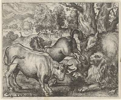 Fabel van de oude leeuw door Egidius  Sadeler (II)