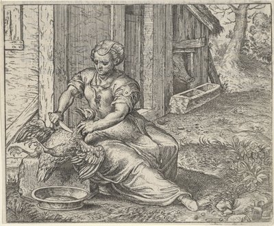 Fabel van de vrouw en de kip door Egidius  Sadeler (II)