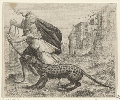 Fabel van de vrouw met een civetkat door Egidius  Sadeler (II)