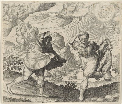Fabel van de wind, de zon en de wandelaars door Egidius  Sadeler (II)