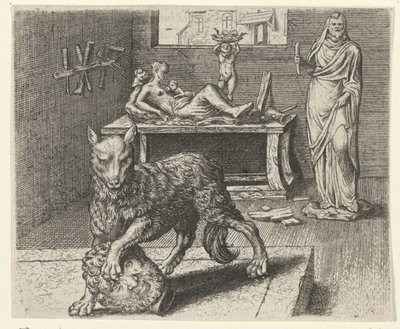 Fabel van de wolf en het standbeeld door Egidius  Sadeler (II)