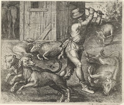 Fabel van een boer en zijn honden door Egidius  Sadeler (II)