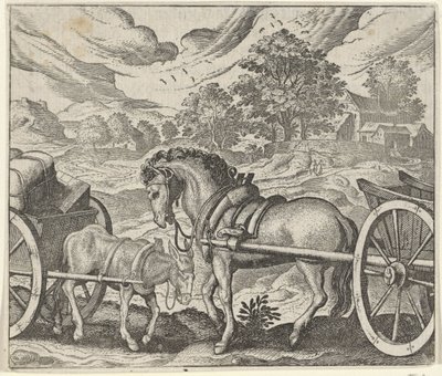 Fabel van het ontevreden paard en de ezel door Egidius  Sadeler (II)