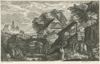 Huizen naast een rivier door Egidius  Sadeler (II)