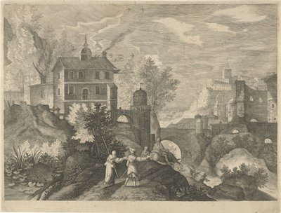 Landschap met stenen brug door Egidius  Sadeler (II)