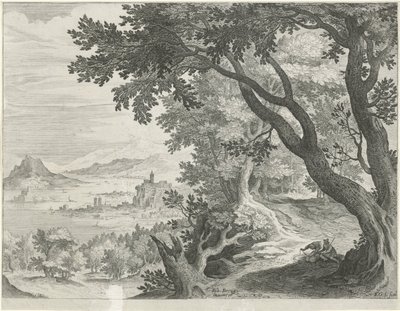 Landschap met twee figuren onder een boom door Egidius  Sadeler (II)