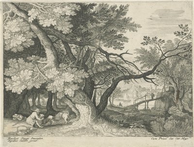 Landschap met twee jagers door Egidius  Sadeler (II)
