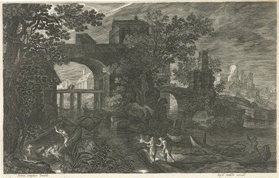 Nachtelijk tafereel met vissers op een rivier door Egidius  Sadeler (II)