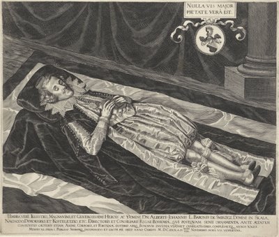 Portret van Albert-Johannes, baron van Smirzicz op zijn doodsbed door Egidius  Sadeler (II)