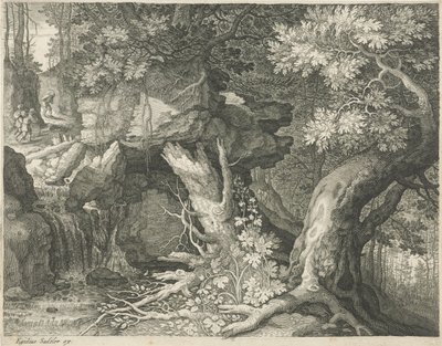 Reizigers boven een waterval door Egidius  Sadeler (II)