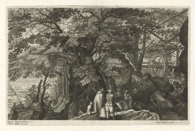 Rivier met rotsen en een watermolen door Egidius  Sadeler (II)