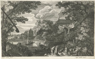 Rivierlandschap met vissers en werklui door Egidius  Sadeler (II)