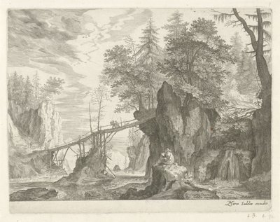 Tekenaar zittend op een steen voor een brug (Berglandschappen uit Tirol) door Egidius  Sadeler (II)