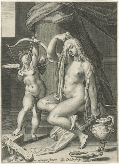 Venus kamt haar haren door Egidius  Sadeler (II)