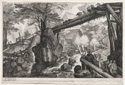 Acht Boheemse landschappen: Landschap met boomstambrug over waterval, ca. 1610-1615 door Aegidius Sadeler or Saedeler
