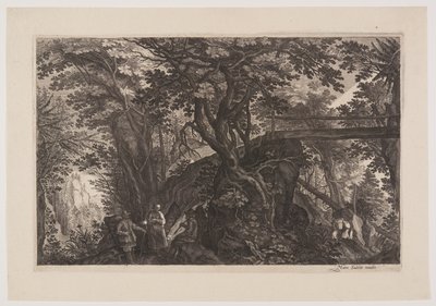 Een bos met rechts een houten brug, uit Acht scènes uit Bohemen door Aegidius Sadeler II