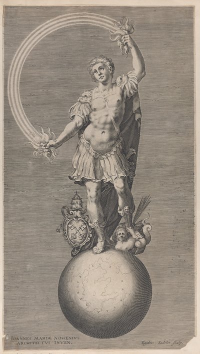 Allegorische figuur van een krijger die op een wereldbol staat met het pauselijke wapen, ca. 1588-1629 door Aegidius Sadeler II