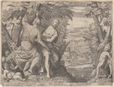 Angelica en Medoro, ze staan naast een stroom terwijl Medoro hun namen in een boom snijdt door Aegidius Sadeler II