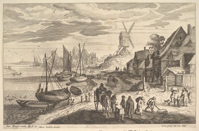 Kustscène met een windmolen door Aegidius Sadeler II