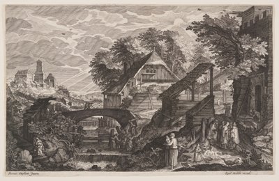 Boerderijen aan de rechterkant van een rivier, uit Acht scènes uit Bohemen door Aegidius Sadeler II