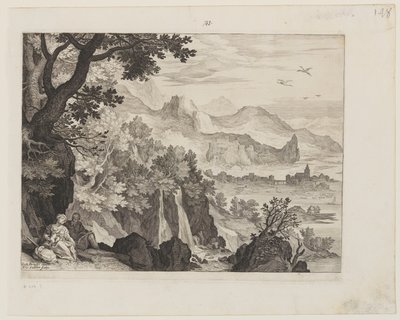 Berglandschap met de rest op de vlucht naar Egypte door Aegidius Sadeler II