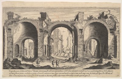 Zicht op de Baden van Caracalla, met inscriptie letter A door Aegidius Sadeler II