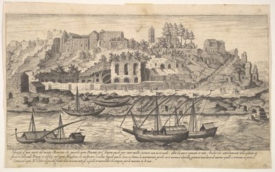 Uitzicht vanaf het westen van de ruïnes van de Aventijnse Heuvel, Rome, met boten op de rivier door Aegidius Sadeler II