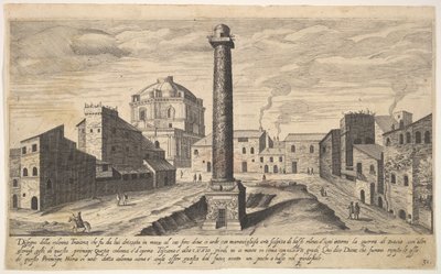 Blad 31: uitzicht op de zuil van Trajanus, getoond met zijn voetstuk uitgegraven uit de aarde, 1606 door Aegidius Sadeler II