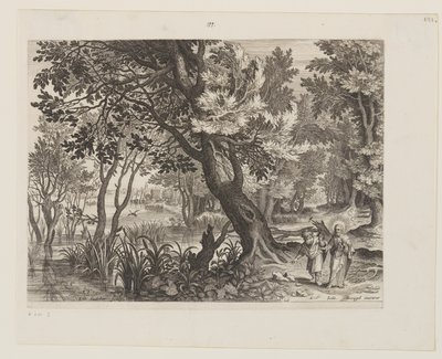 Rivierlandschap met De verzoeking van Christus door Aegidius Sadeler II