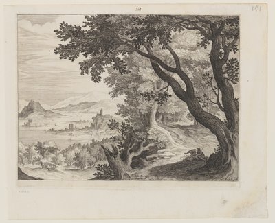 Rivierlandschap met twee mensen zittend onder een boom door Aegidius Sadeler II