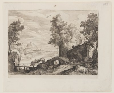 Rivierlandschap met een stenen brug en een houten brug door Aegidius Sadeler II