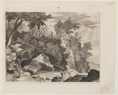 Rotsachtig landschap met de stigmatisering van Sint Franciscus door Aegidius Sadeler II