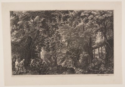 Achtste scène: Een bos met een houten brug, uit Acht scènes uit Bohemen door Aegidius Sadeler II