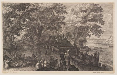 Eerste scène: Watermolen op een eiland in een rivier met vissende mannen, uit Acht scènes uit Bohemen door Aegidius Sadeler II
