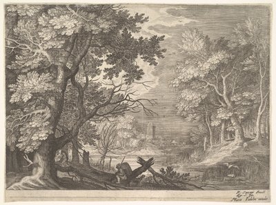 Boslandschap met moerassige oevers, twee mannen en een hond in profiel links, twee langnekken..., ca. 1600 door Aegidius Sadeler II