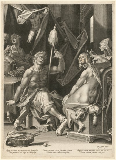Hercules en Omphale door Aegidius Sadeler II, after Bartholomaeus Spranger