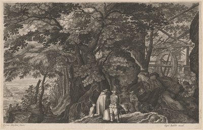 Oude bomen bij een bergwatermolen door Aegidius Sadeler II after Pieter Stevens