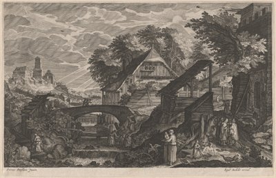 Boerderijen bij een Rivier met een Stad in de Verte door Aegidius Sadeler II after Pieter Stevens